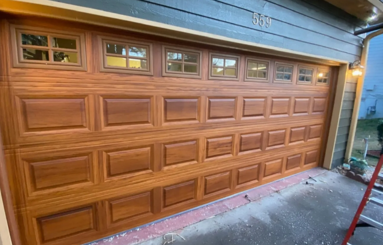 Custom garage door installed at a residential property in Johnstown, Ohio.