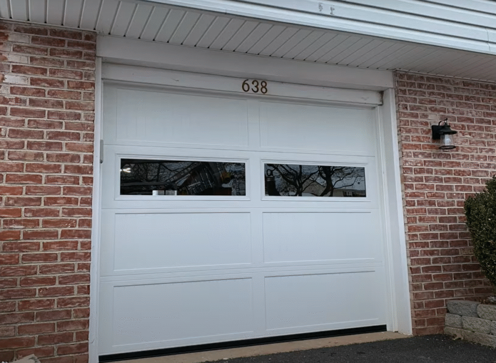 Garage door repair technician fixing a damaged door track in Johnstown Ohio